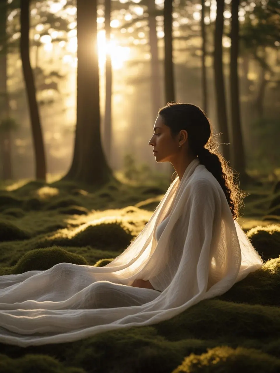Mujer en un bosque al amanecer, en un momento de introspección