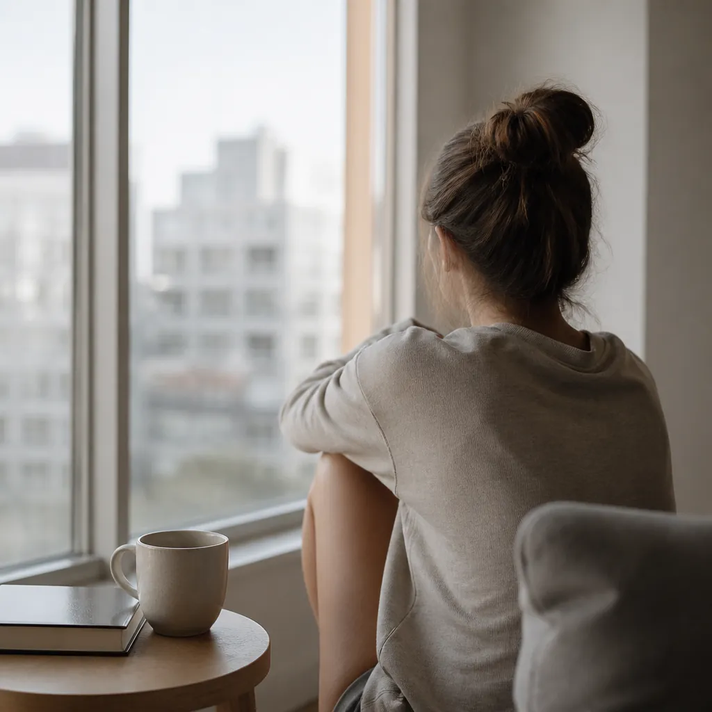 Mujer sentada junto a una ventana, escribiendo en su diario reflexivo con una taza de café